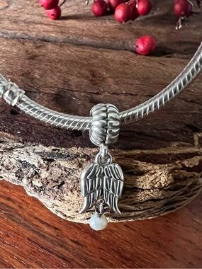Authentic Pandora Charm Guardian Angel Dangle Silver Wings White Pearl